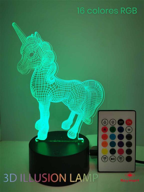 LAMPARA LED 3D NIGHT LIGHT UNICORN CONTROL REMOTO